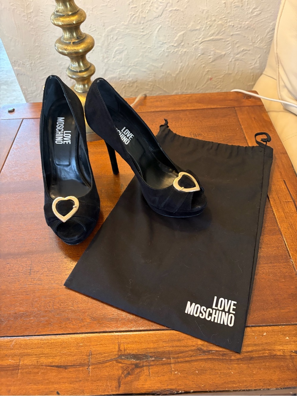 Love Moschino Black Peep-Toe Heels with Gold Heart Accent size 7.5